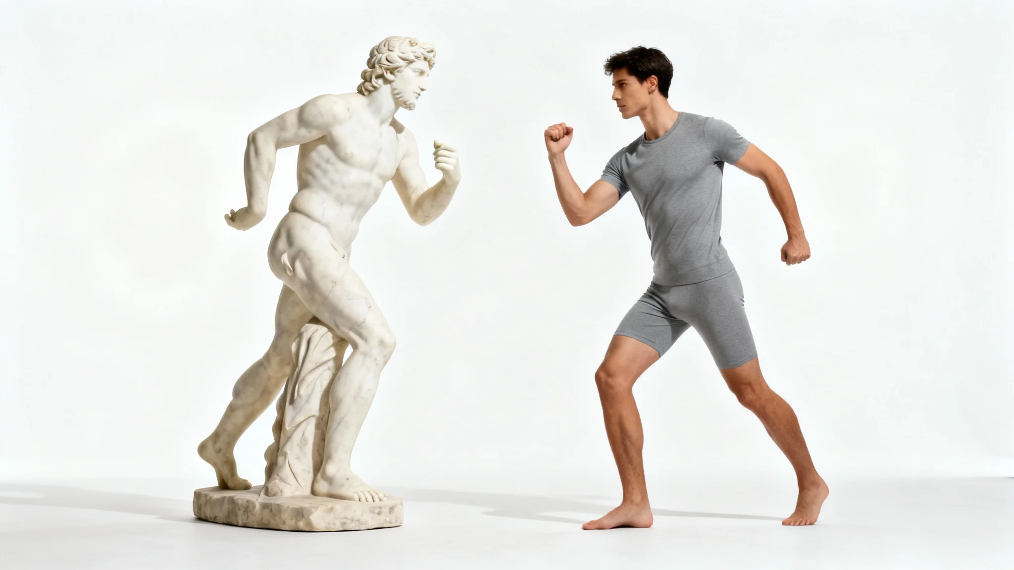 A classical Greek statue and a modern man standing side-by-side, with the man perfectly mirroring the statue's dynamic pose, illustrating the concept of pose transfer against a clean white background.
