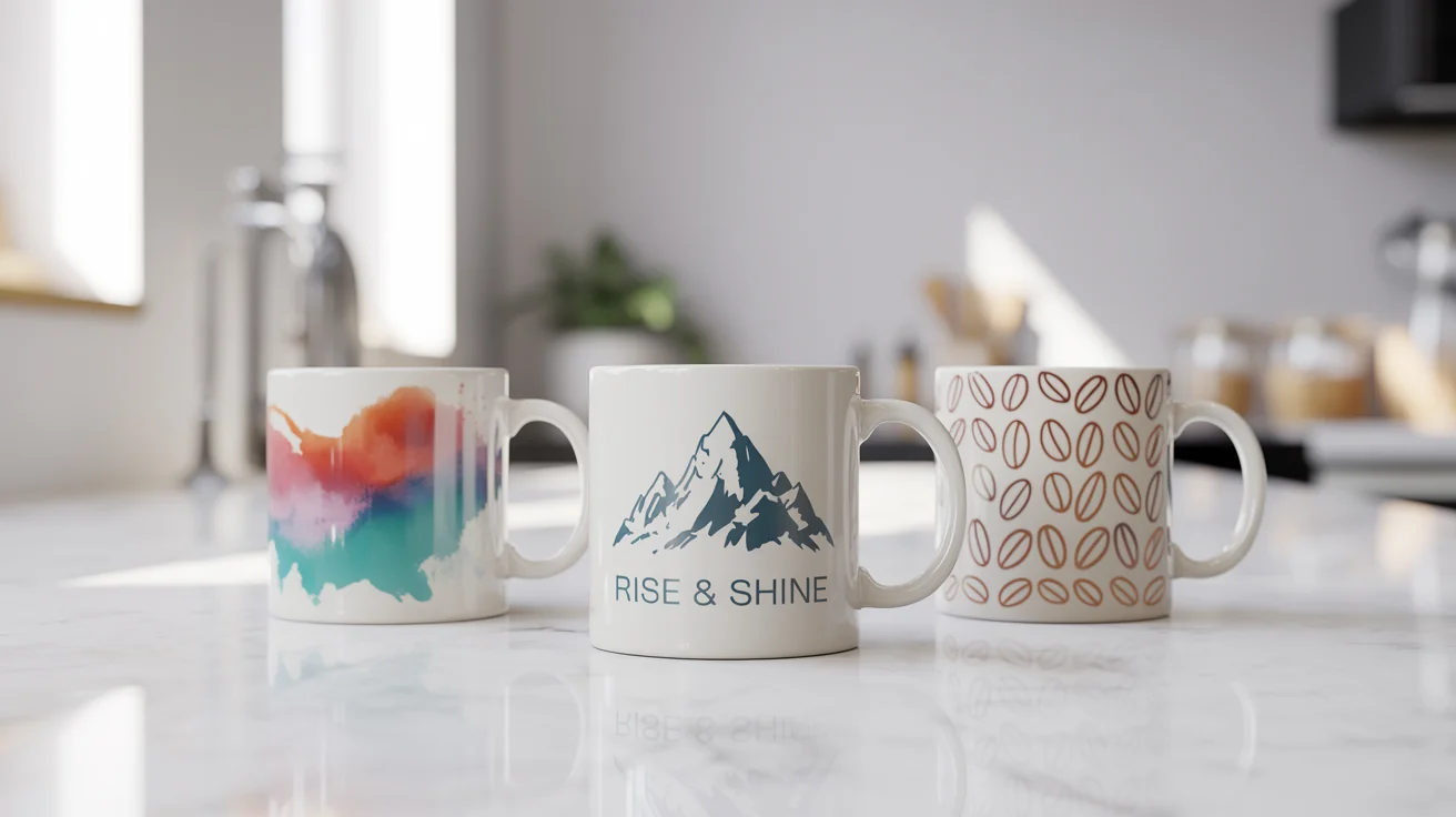 Three stylish, custom-designed coffee mugs with various graphics and text, displayed as a final product on a clean, modern kitchen counter.