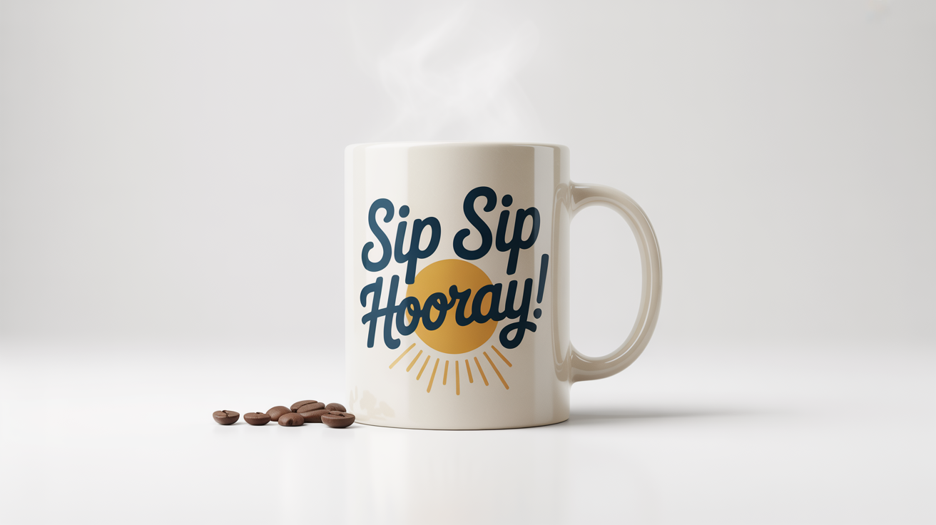 A professional product mockup of a white ceramic mug with the phrase 'Sip Sip Hooray!' in blue script and a yellow sunburst graphic, set against a plain white background.