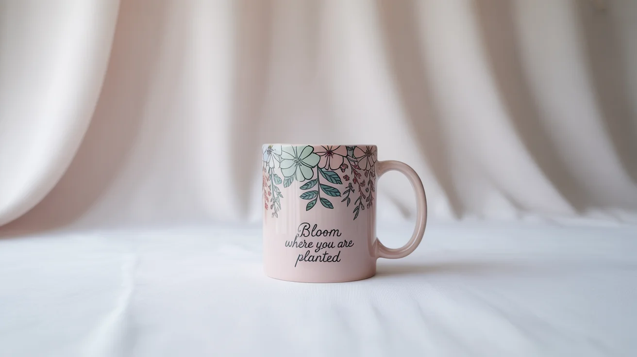 A photorealistic mockup of a white ceramic mug featuring a delicate floral pattern and the text 'Bloom Where You Are Planted', set against a plain white background.