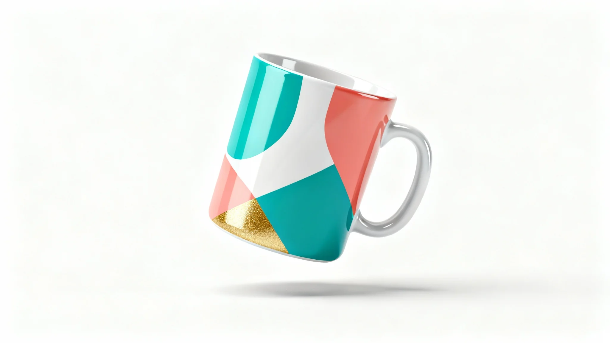 A photorealistic product mockup of a white ceramic coffee mug with a modern, colorful geometric design, shown against a clean white background.