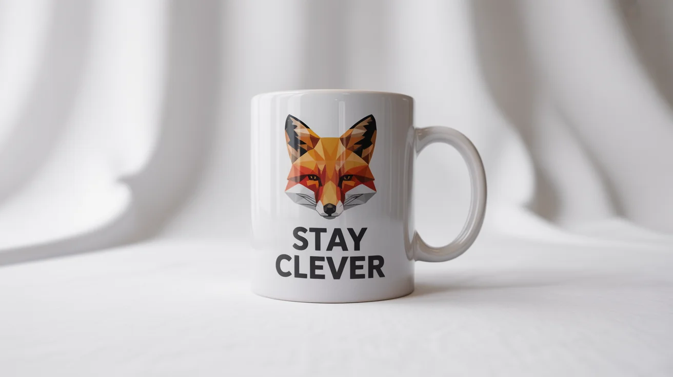 A professionally photographed white ceramic mug with a geometric orange fox design and the text 'STAY CLEVER', set against a plain white background.