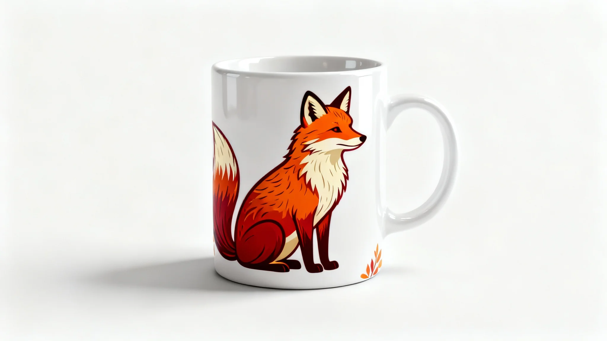 A photorealistic mockup of a glossy white coffee mug with a beautiful design of a sleeping fox in warm autumn colors, set against a clean white background.