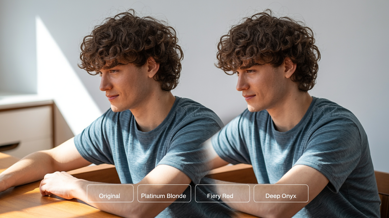 A four-panel grid showing the results of a hair color analyzer on a young man with curly hair. The top-left shows his original light brown hair, while the other three panels show him with platinum blonde, fiery red, and deep black hair as virtual try-on options.