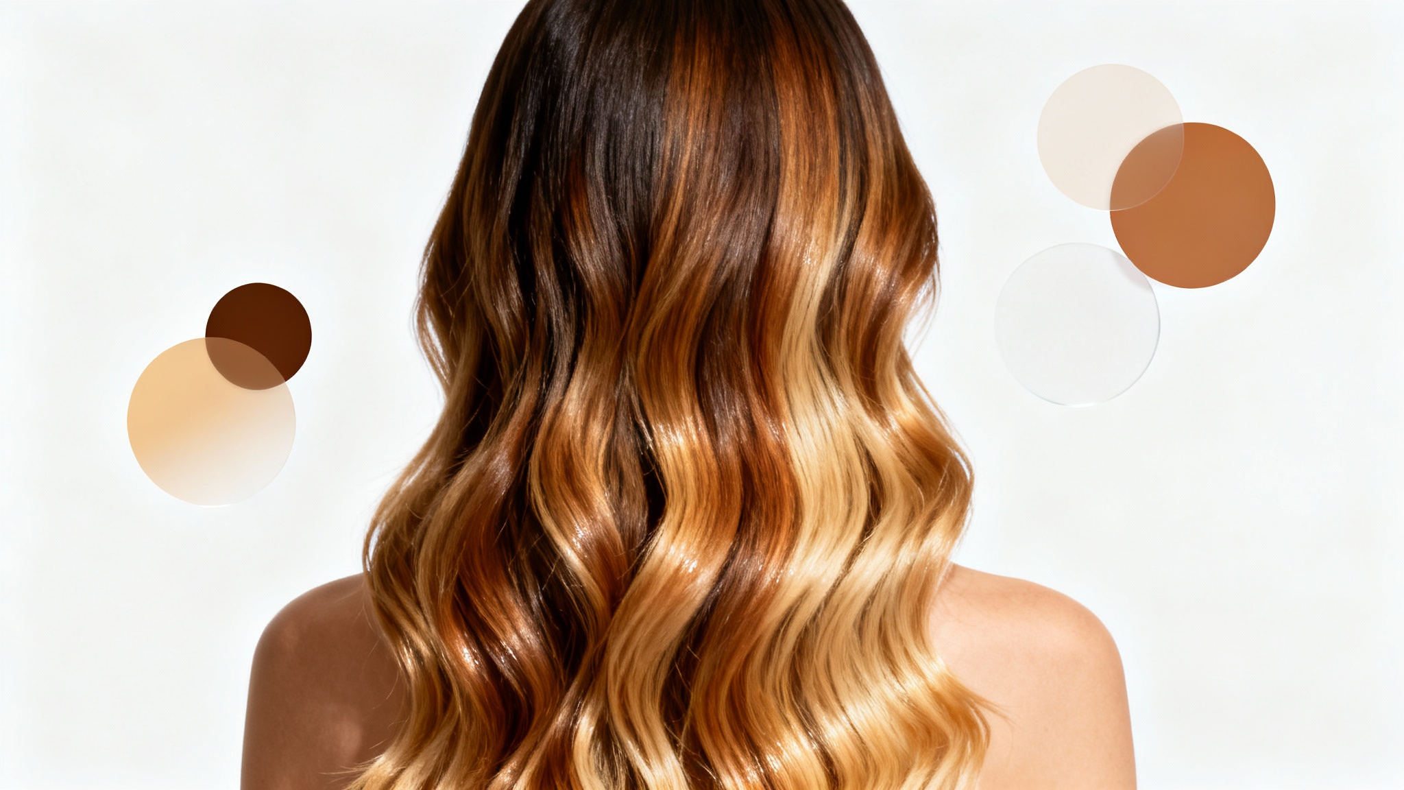 A close-up of a woman's long, wavy balayage hair from behind, with floating color swatches next to it to symbolize a hair color analysis on a clean white background.