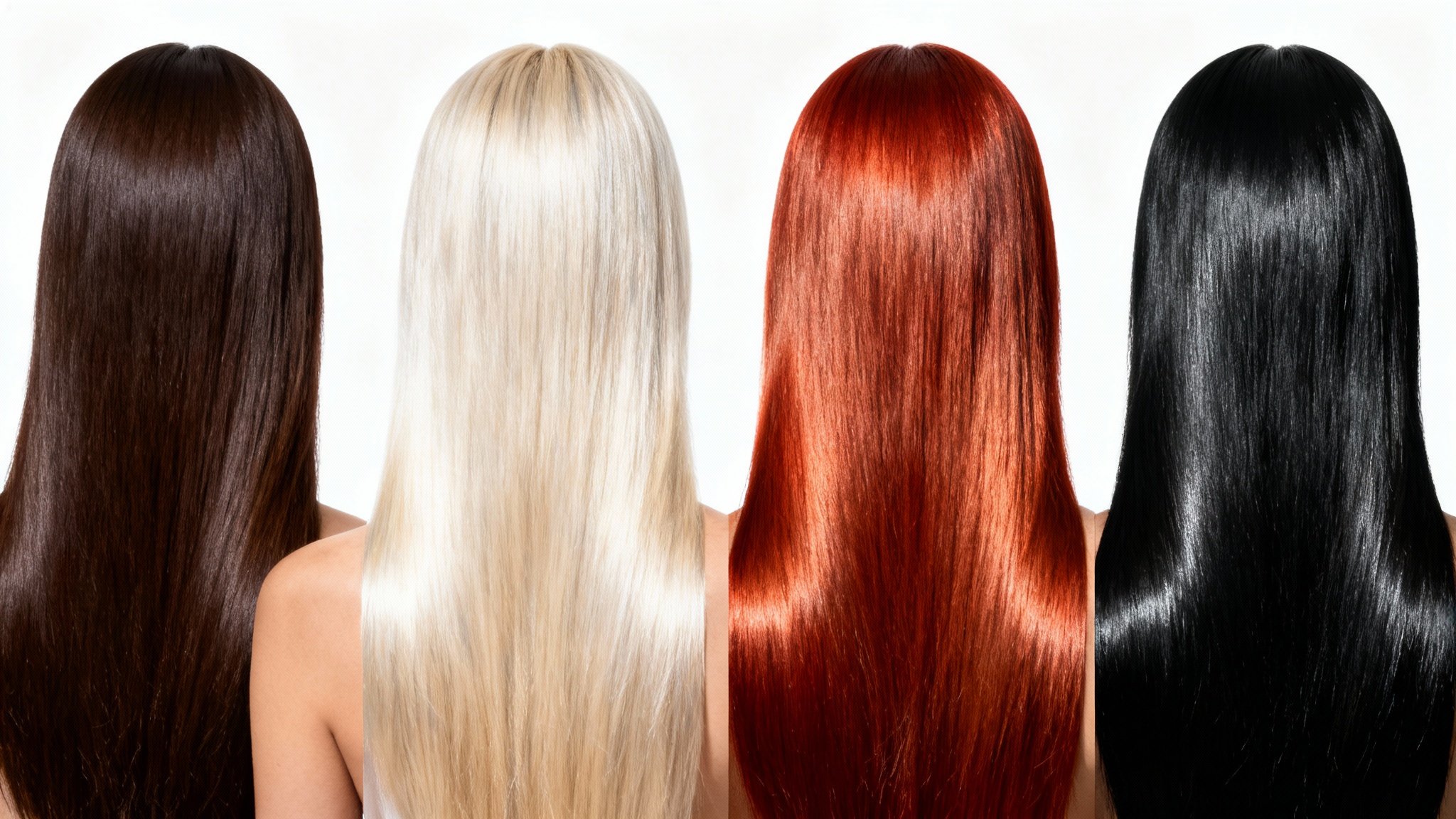 A woman seen from behind, with her long hair sectioned into four different colors: brunette, blonde, red, and black, against a white background.