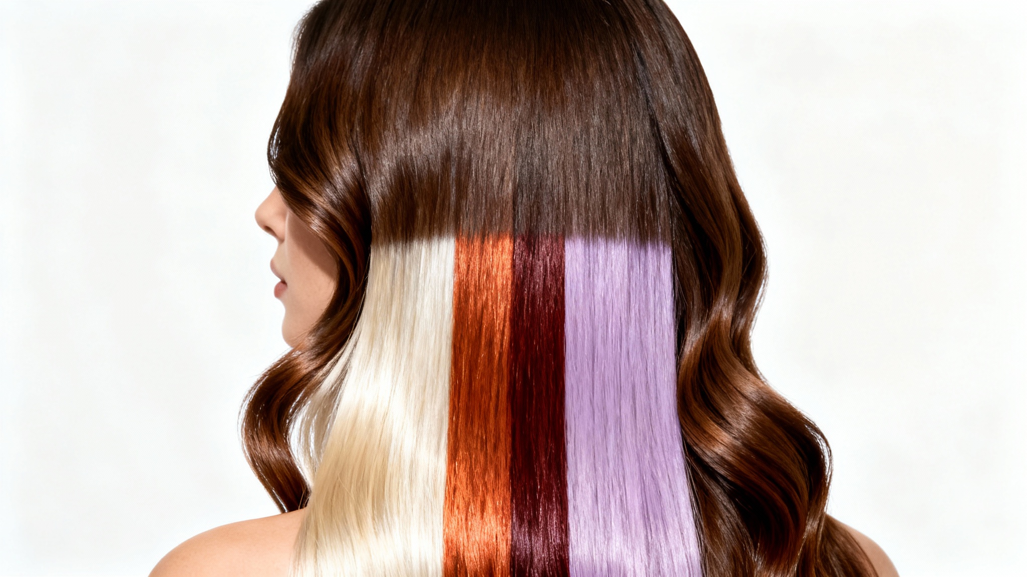A close-up conceptual image of a woman's hair against a white background, with the top half a natural brunette and the bottom half showcasing a variety of different hair colors, symbolizing a hair color analyzer.