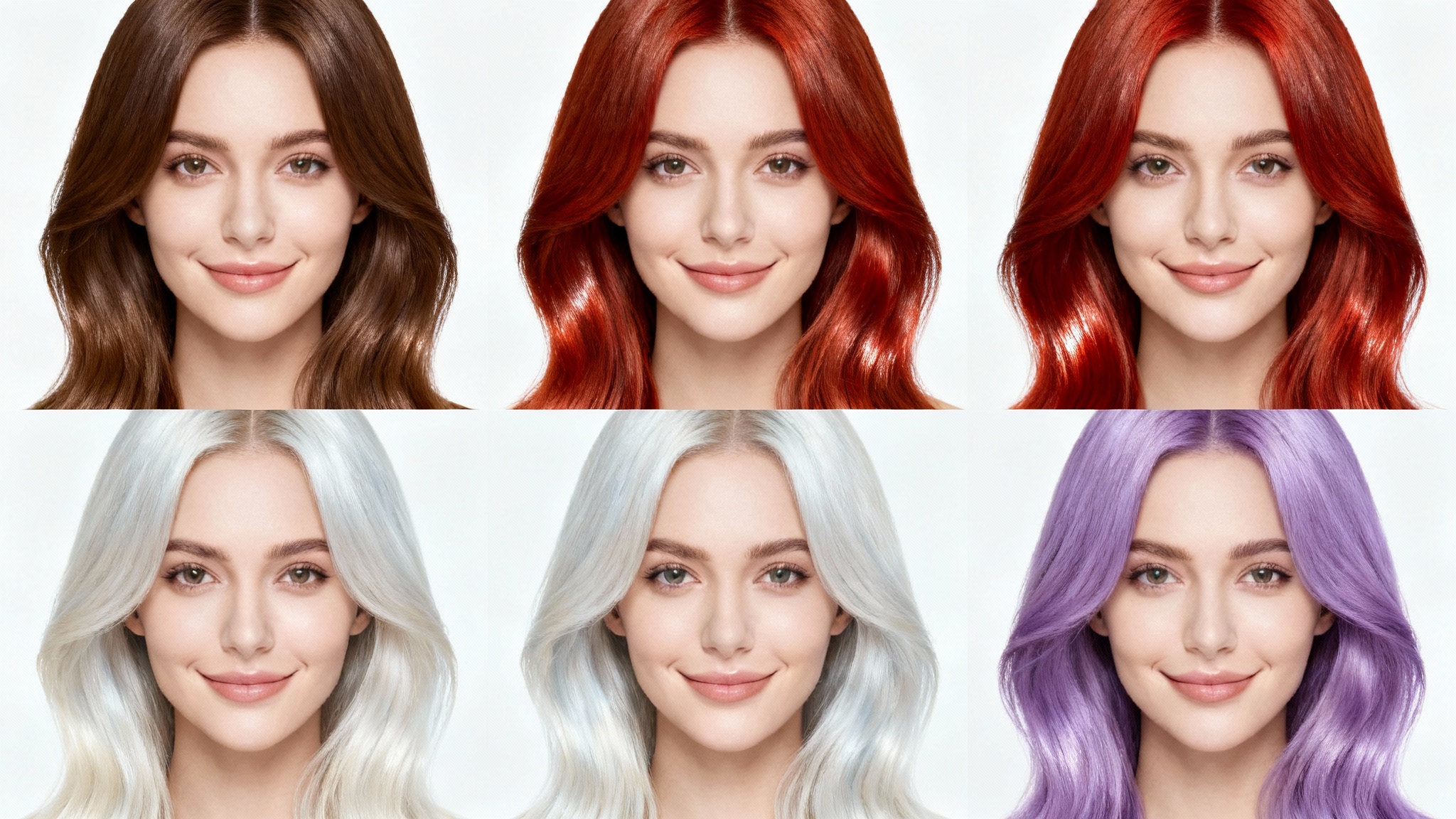 A four-panel grid image demonstrating a hair color analyzer, showing the same woman with four different hair colors: brunette, redhead, blonde, and purple.