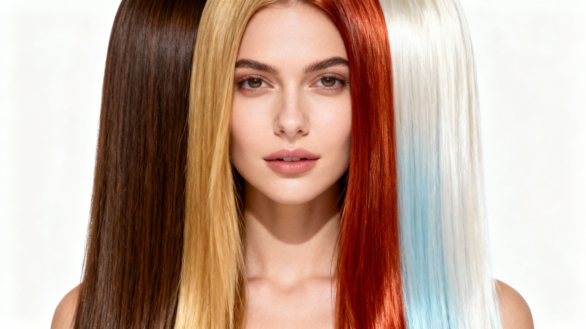 A photorealistic portrait of a woman whose long, straight hair is divided into four vertical color sections: brown, blonde, red, and platinum, representing a hair color analyzer.