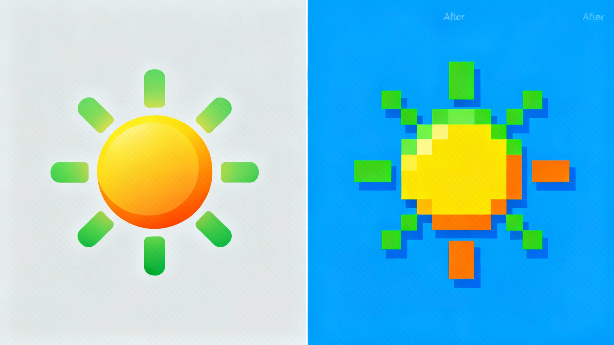 A side-by-side comparison showing a smooth, modern sun icon on the left being transformed into a pixel art version on the right, demonstrating an icon pixelation tool.
