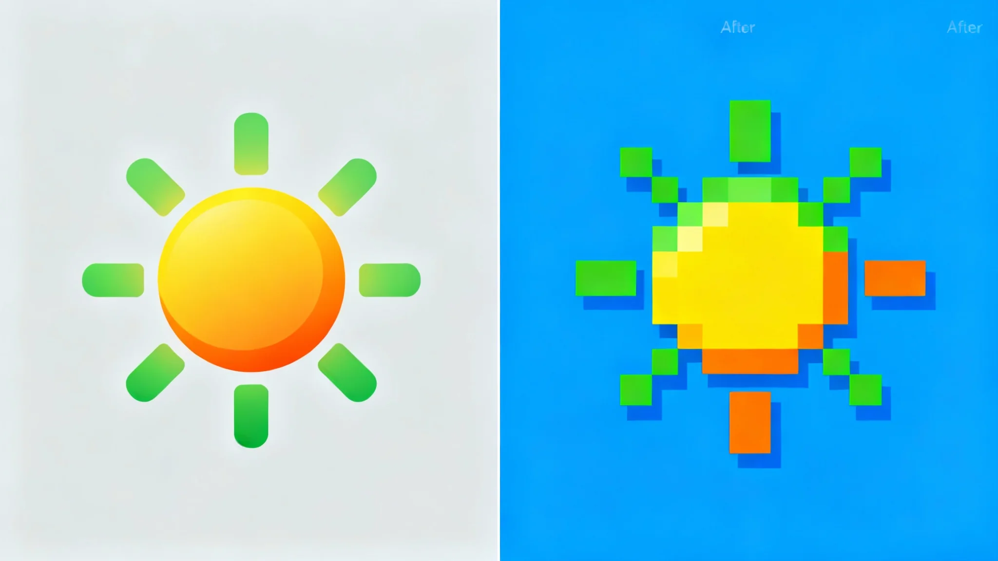 A side-by-side comparison showing a smooth, modern sun icon on the left being transformed into a pixel art version on the right, demonstrating an icon pixelation tool.