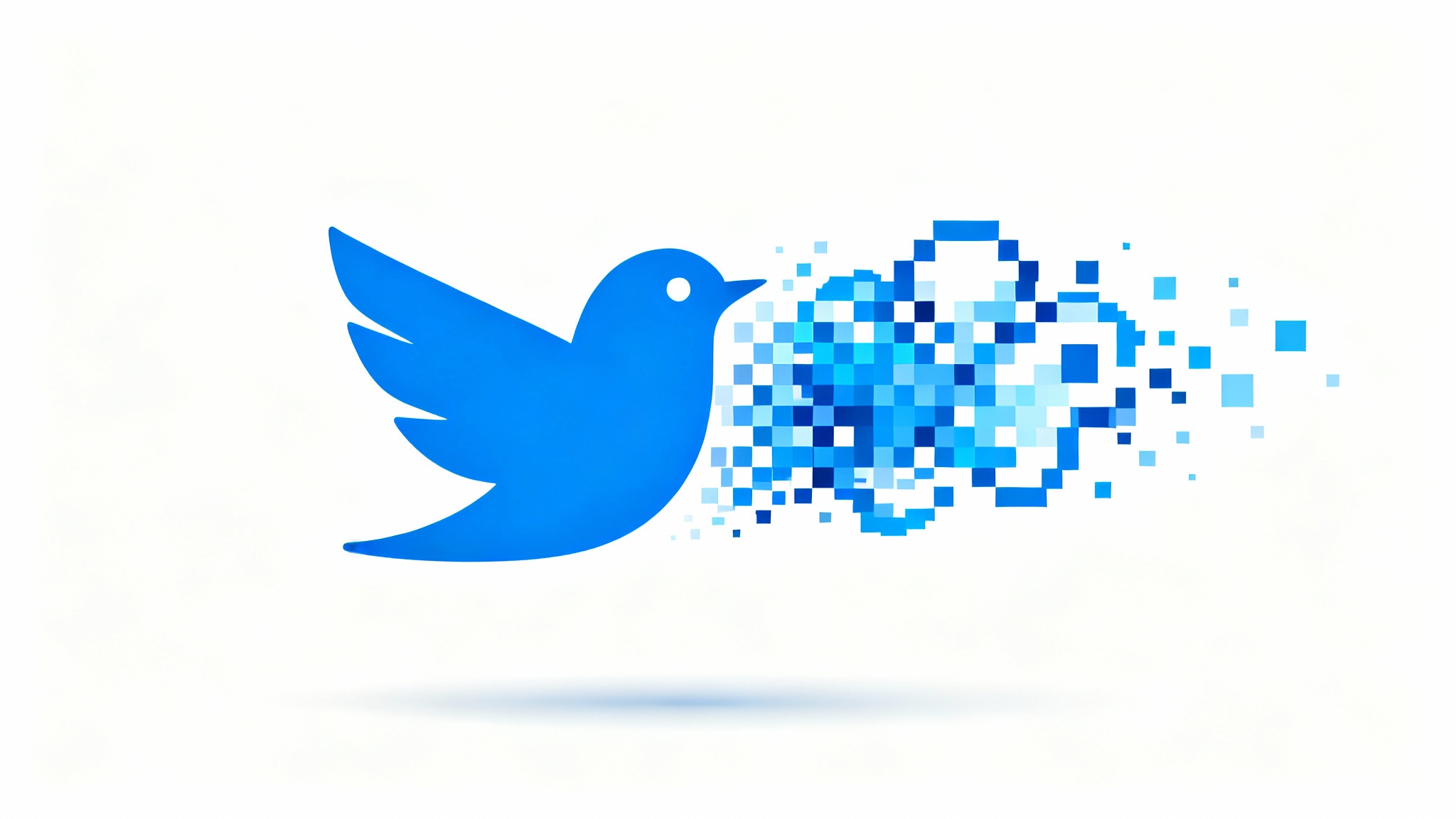 A modern blue bird icon on a white background, visually demonstrating pixelation. The left side is smooth, while the right side dissolves into square digital pixels.