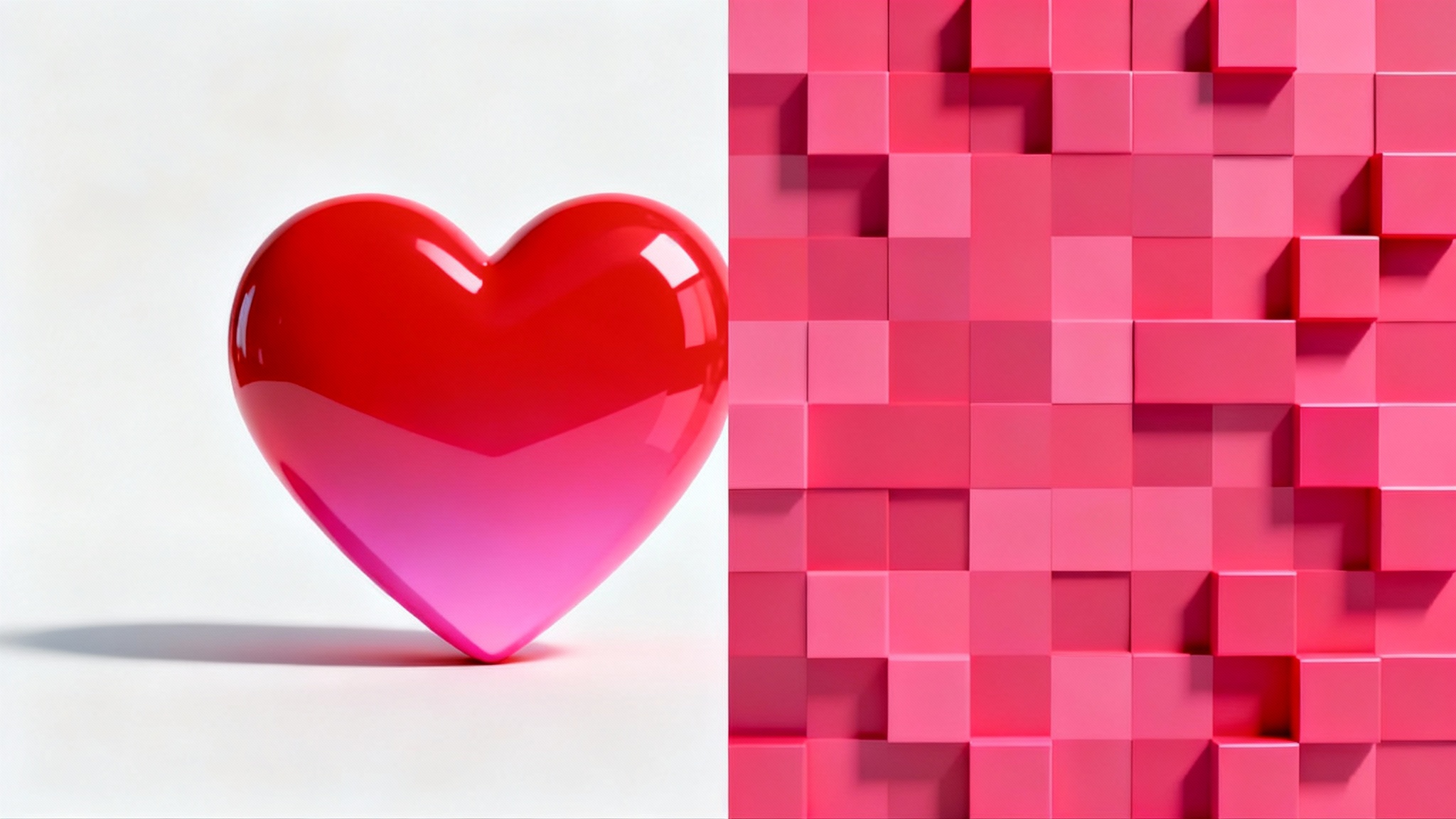 A conceptual image of a heart icon with its left side being smooth and high-resolution and its right side being pixelated, demonstrating a pixelation effect against a white background.