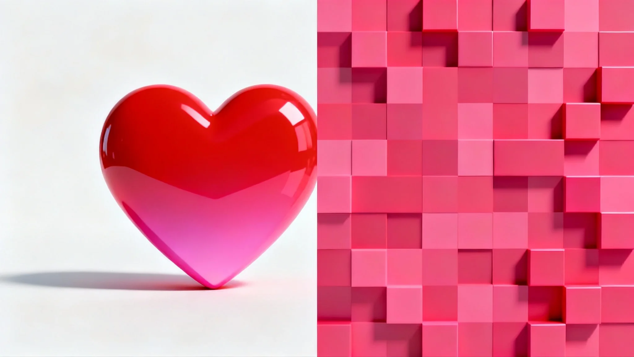 A conceptual image of a heart icon with its left side being smooth and high-resolution and its right side being pixelated, demonstrating a pixelation effect against a white background.