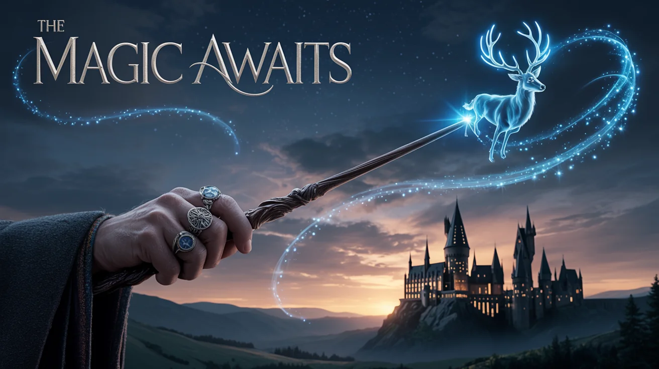 A professionally designed Harry Potter-themed poster showing a glowing wand casting a spell in front of Hogwarts castle, with the text 'The Magic Awaits' at the top.