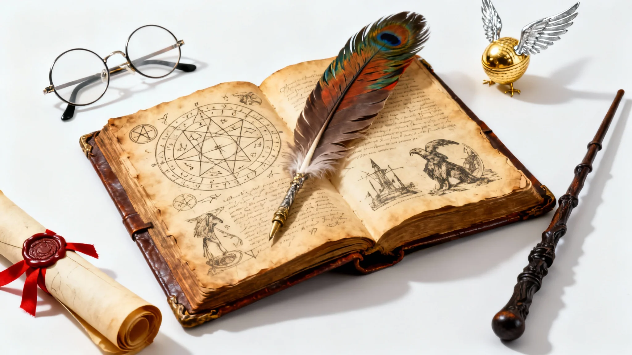 A top-down view of magical items from the world of Harry Potter, arranged on a white background. An open spellbook is in the center, with a phoenix feather quill, round glasses, a golden snitch, and a magic wand arranged around it.