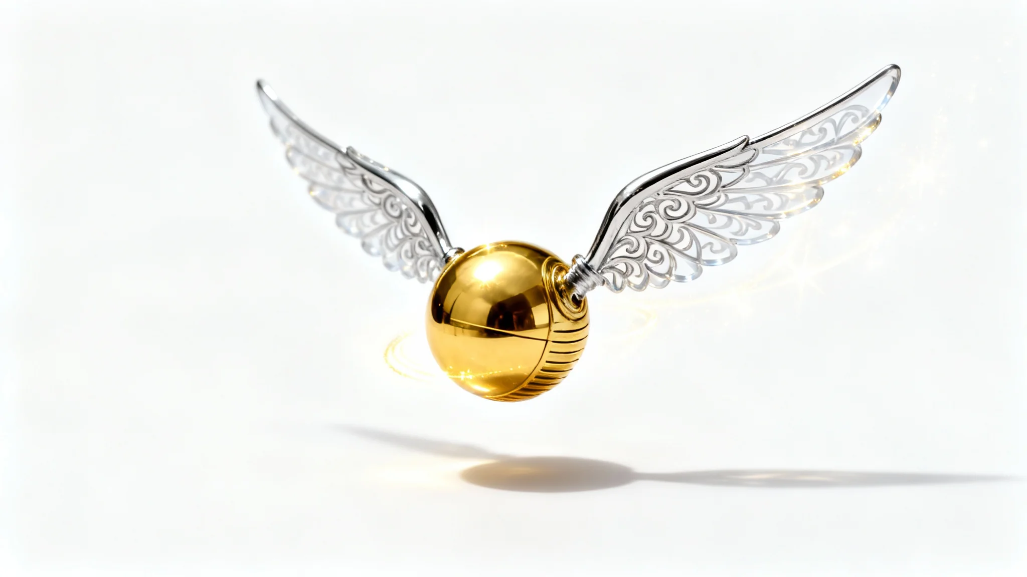 A hyper-realistic, detailed image of the Golden Snitch from the Harry Potter series, shown floating against a clean white background with a soft shadow underneath.