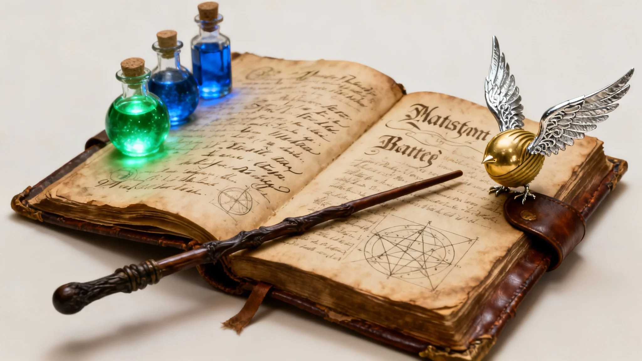 A photorealistic flat lay of magical items inspired by Harry Potter, including an open spellbook, a magic wand, colorful potion bottles, and a golden snitch, all arranged on a clean white surface.