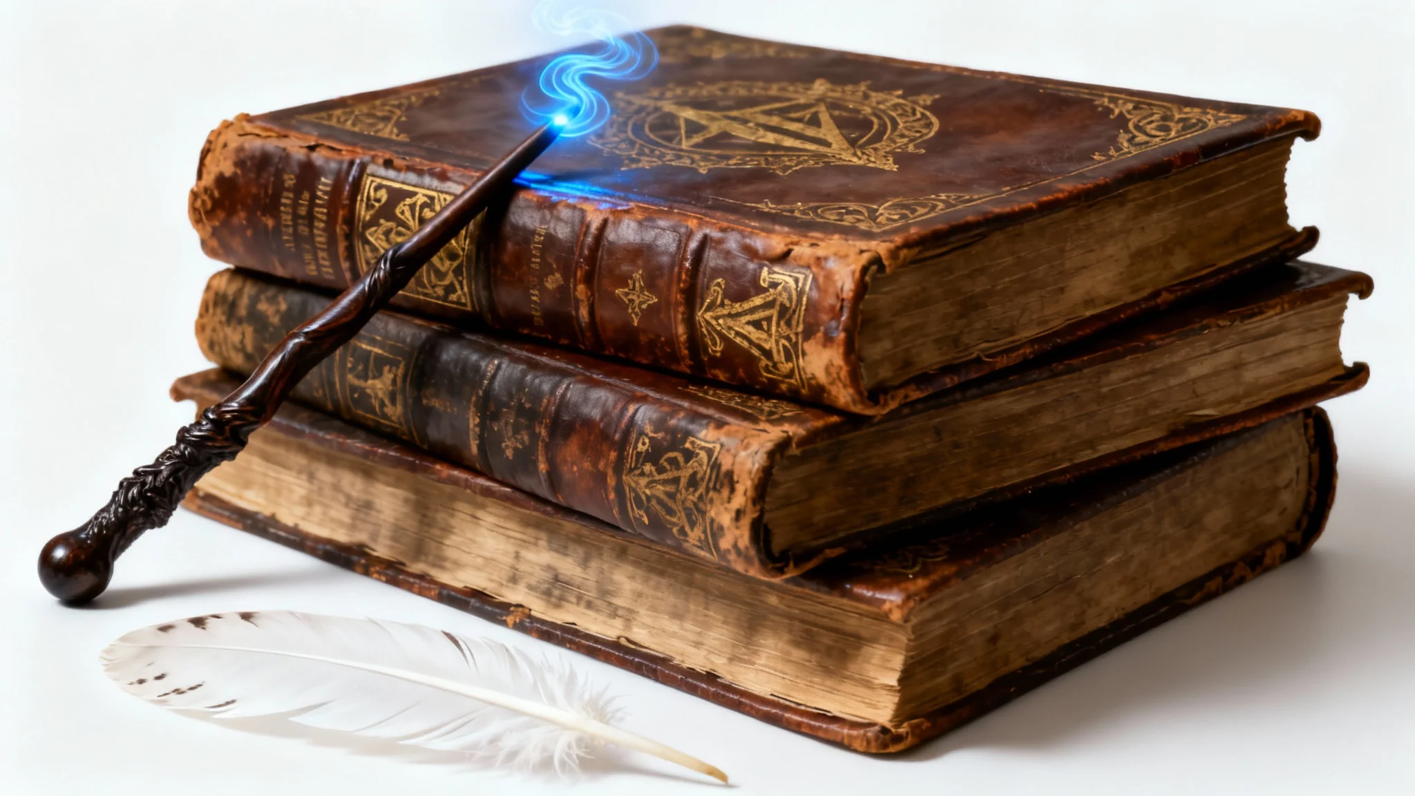 A photorealistic image of a stack of old, leather-bound magic books with a dark wood wand resting on top, from which a faint blue wisp of light emanates. A single white feather sits beside the books on a clean white background.