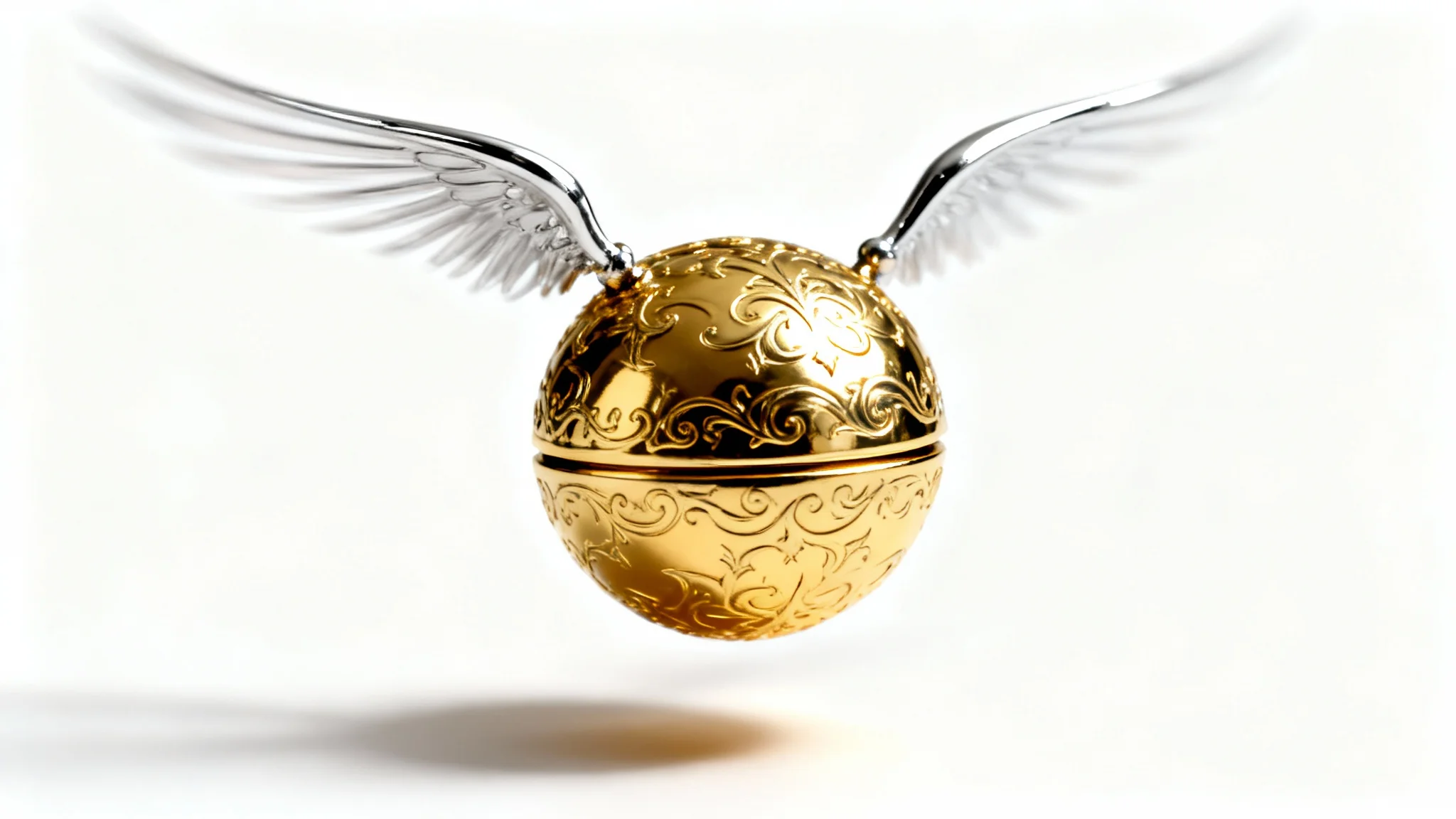 A photorealistic image of the Golden Snitch from Harry Potter, featuring a polished gold ball with intricate silver wings, set against a plain white background.