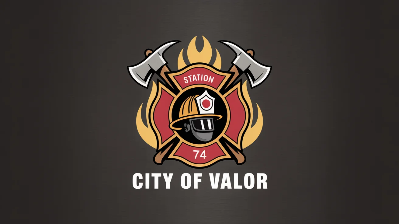A professionally designed firefighter logo emblem in red, gold, and silver, featuring a Maltese cross, helmet, and crossed axes, with the text 'Station 74' and 'City of Valor'.