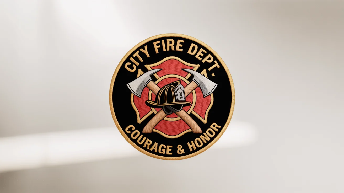 A professional mockup of a circular firefighter logo on a white background, featuring a red Maltese cross, crossed axes, and the text 'CITY FIRE DEPT' and 'COURAGE & HONOR'.
