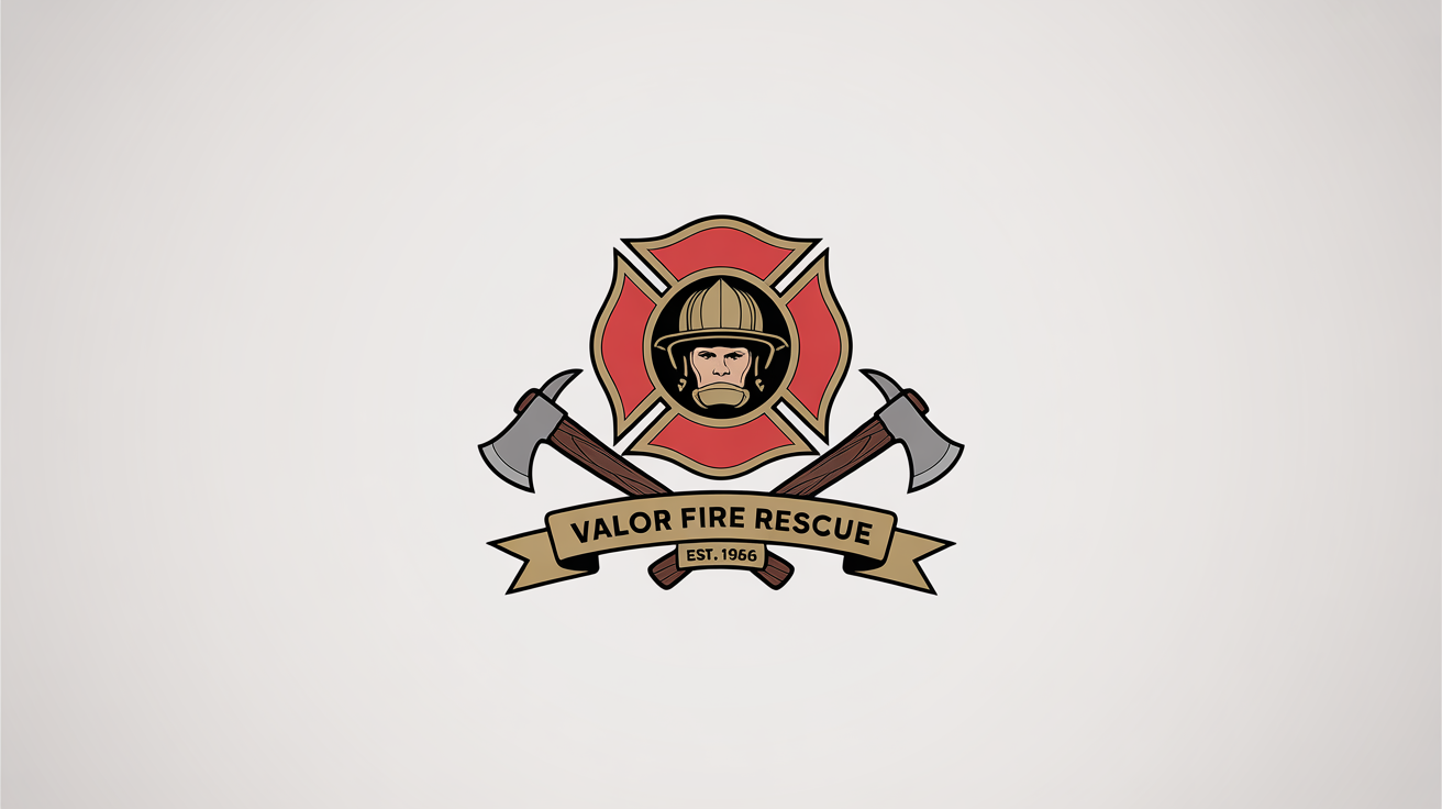 A modern firefighter logo mockup on a white background, featuring a red Maltese cross, a firefighter helmet, and crossed axes, with the text 'VALOR FIRE RESCUE' on a gold banner.