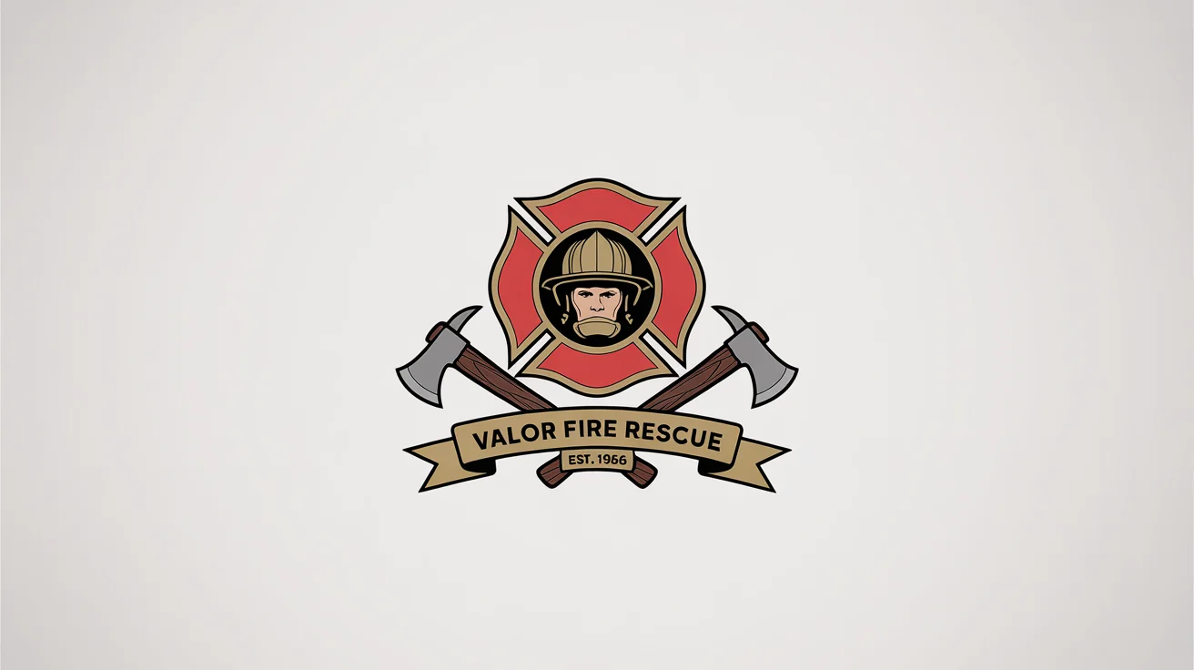 A modern firefighter logo mockup on a white background, featuring a red Maltese cross, a firefighter helmet, and crossed axes, with the text 'VALOR FIRE RESCUE' on a gold banner.