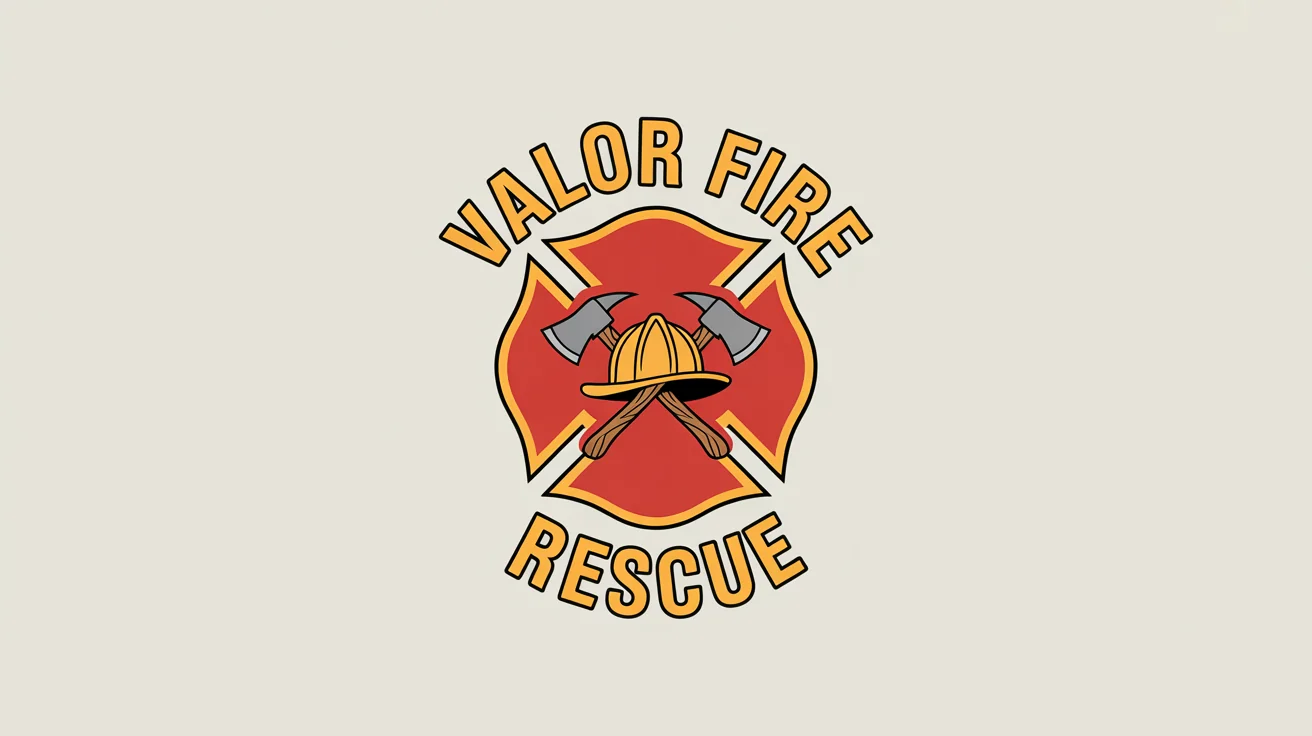 A professionally designed firefighter logo mockup featuring a red Maltese cross, a helmet, and crossed axes, with the legible text 'VALOR FIRE' and 'RESCUE' in gold.
