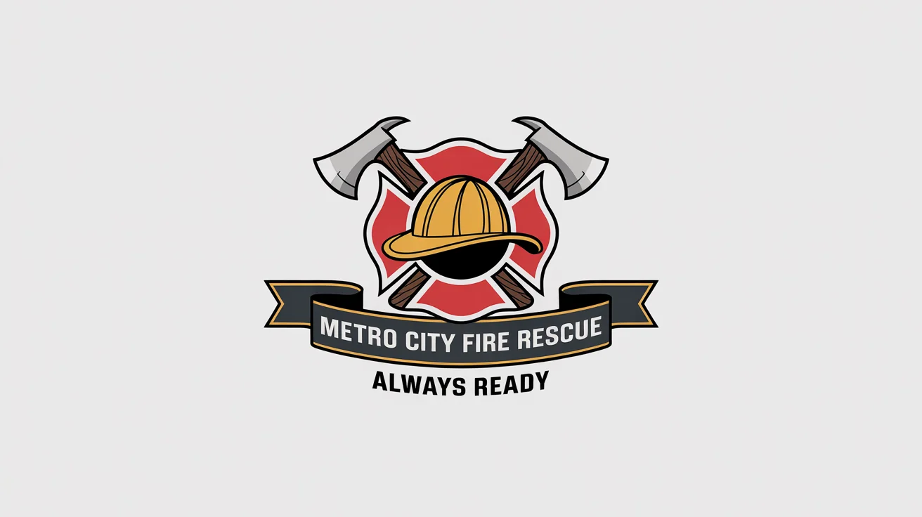 A modern firefighter logo for 'Metro City Fire Rescue'. The logo is an emblem featuring a red Maltese cross, crossed axes, and a helmet, with the motto 'Always Ready'.