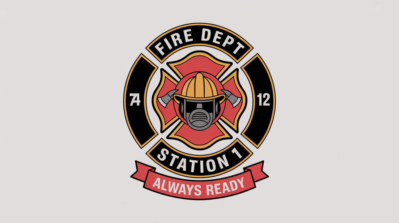 A firefighter department logo with a red Maltese cross, a helmet, and crossed axes. The emblem is surrounded by text reading 'FIRE DEPT' and 'STATION 12', with a banner below that says 'ALWAYS READY'. The logo is on a plain white background.