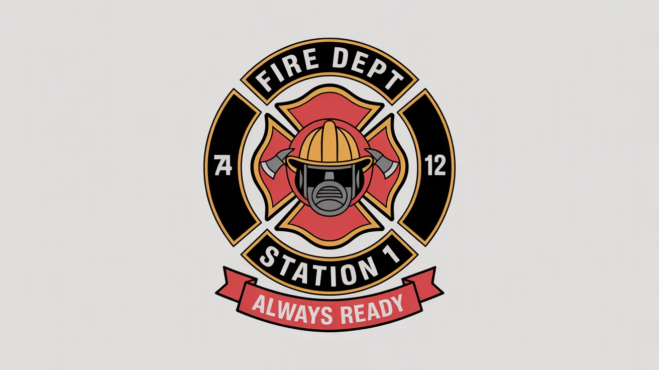 A firefighter department logo with a red Maltese cross, a helmet, and crossed axes. The emblem is surrounded by text reading 'FIRE DEPT' and 'STATION 12', with a banner below that says 'ALWAYS READY'. The logo is on a plain white background.