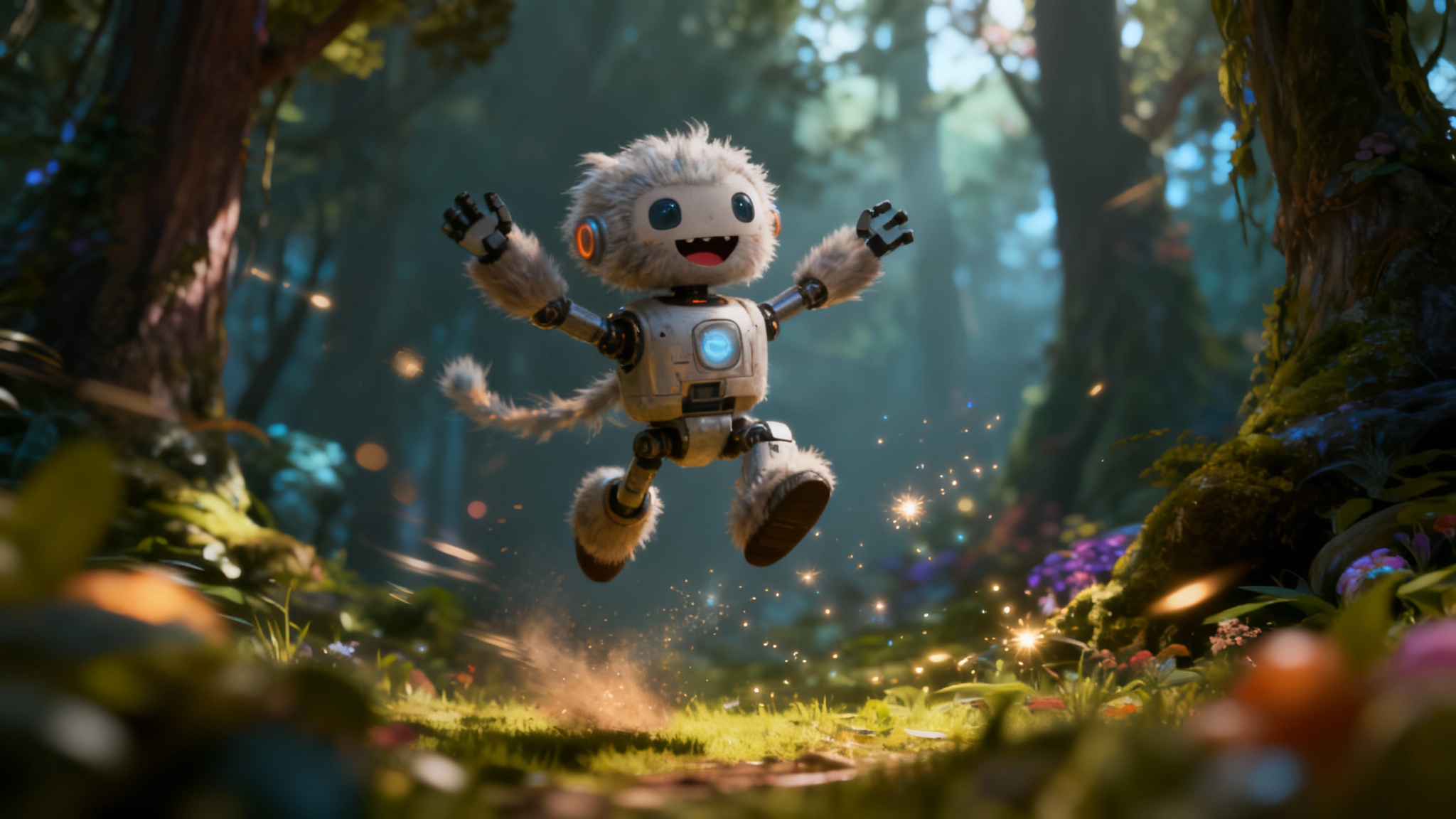 A finished 3D character animation showing a cute, furry creature leaping joyfully in a magical forest. The image is a high-quality final render, showcasing dynamic motion and professional cinematic lighting, representing the final result of an animation tool.