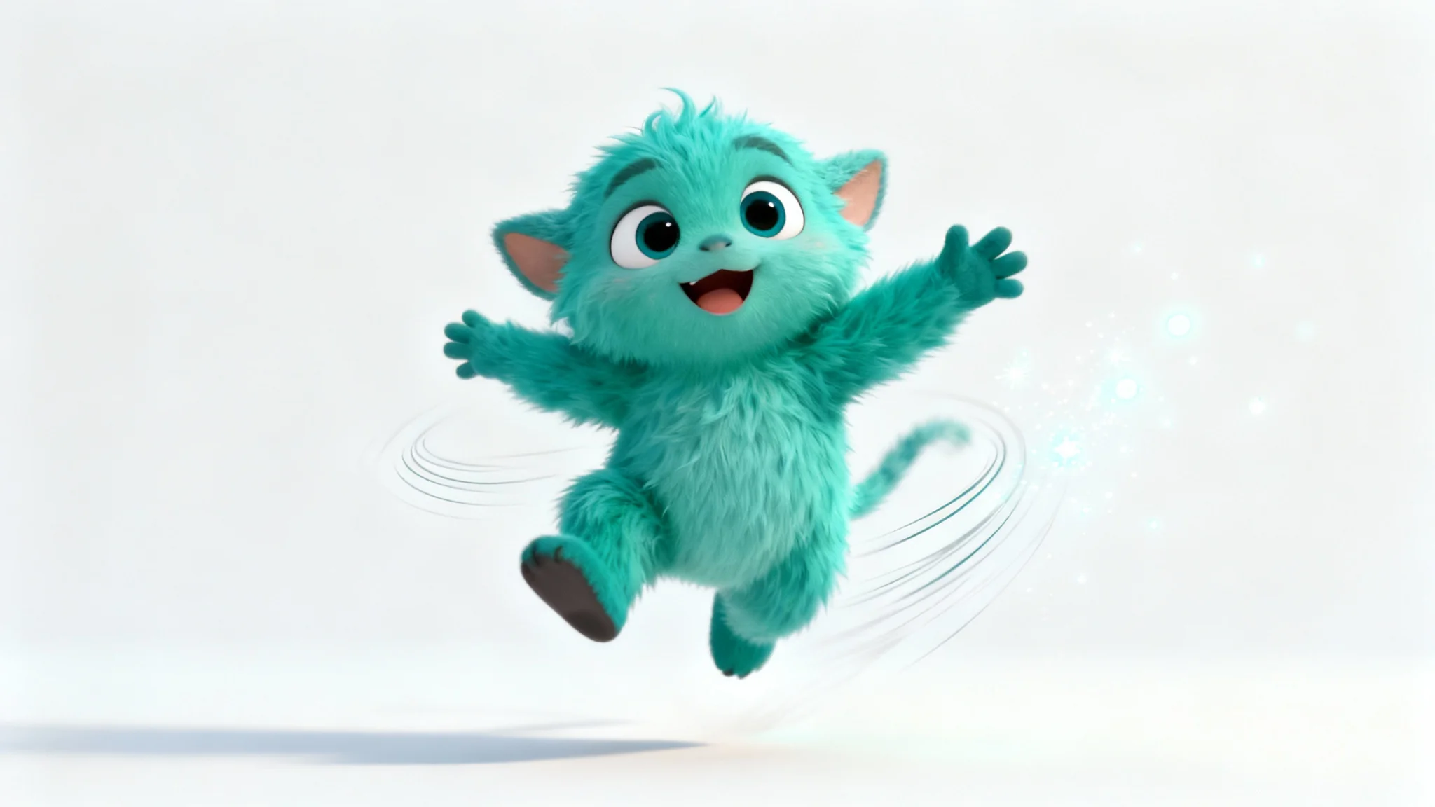 A 3D animated character, a fuzzy teal creature, leaps joyfully in the air against a white background, demonstrating character animation.