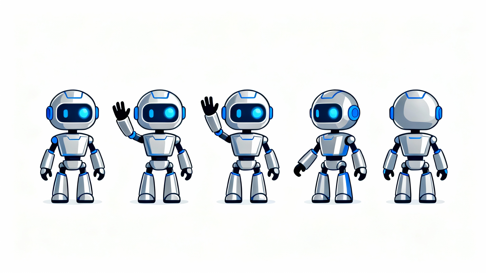 A sequence of five illustrations showing a friendly cartoon robot waving, demonstrating the keyframes of a character animation on a clean white background.