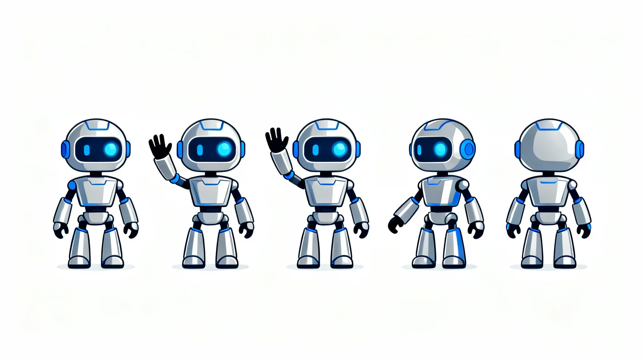 A sequence of five illustrations showing a friendly cartoon robot waving, demonstrating the keyframes of a character animation on a clean white background.