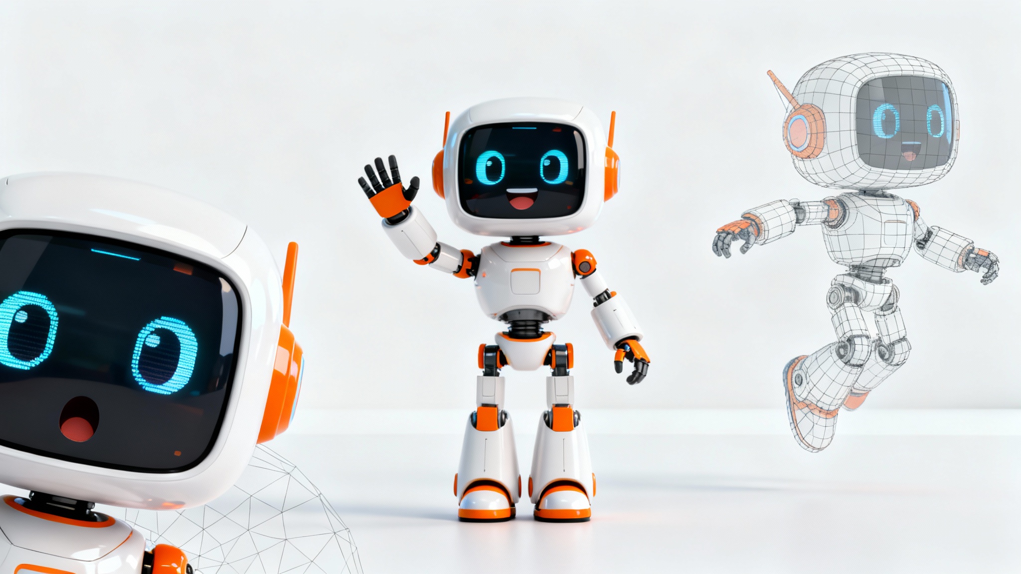 A 3D animation character sheet featuring a cute white and orange robot in various poses and expressions against a clean white background, demonstrating character animation.