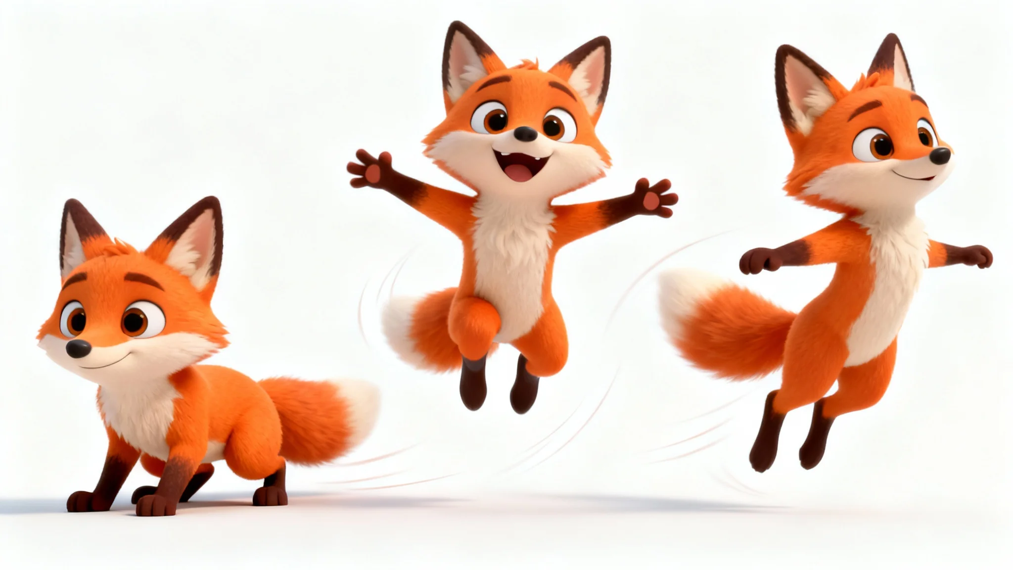 A sequence of three stills from a 3D character animation, showing a cartoon fox crouching, leaping, and landing to represent the concept of animation.