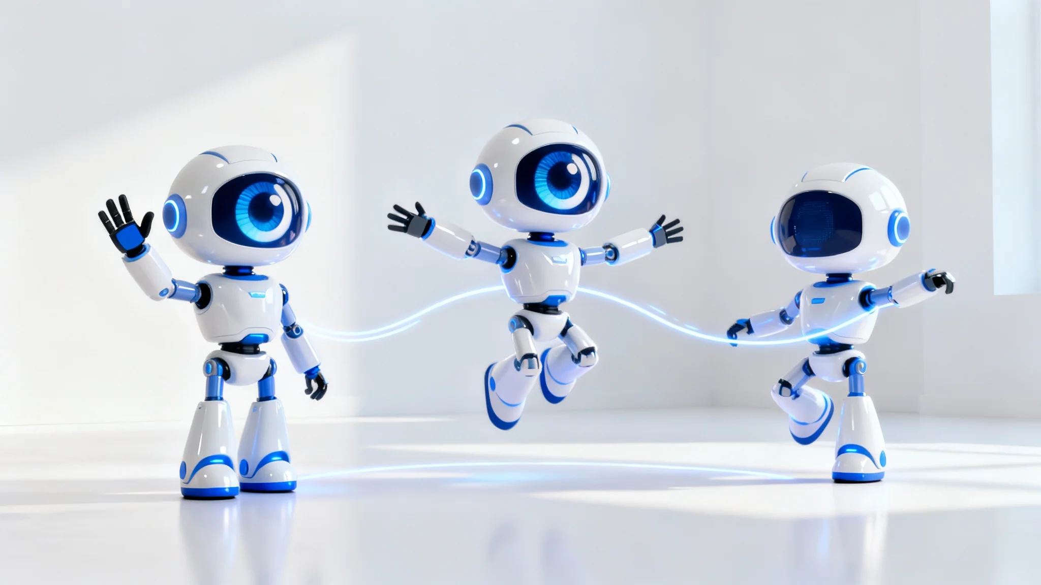 A 3D rendered sequence of a cute cartoon robot in three different animated poses, waving, jumping, and dancing against a clean white background.