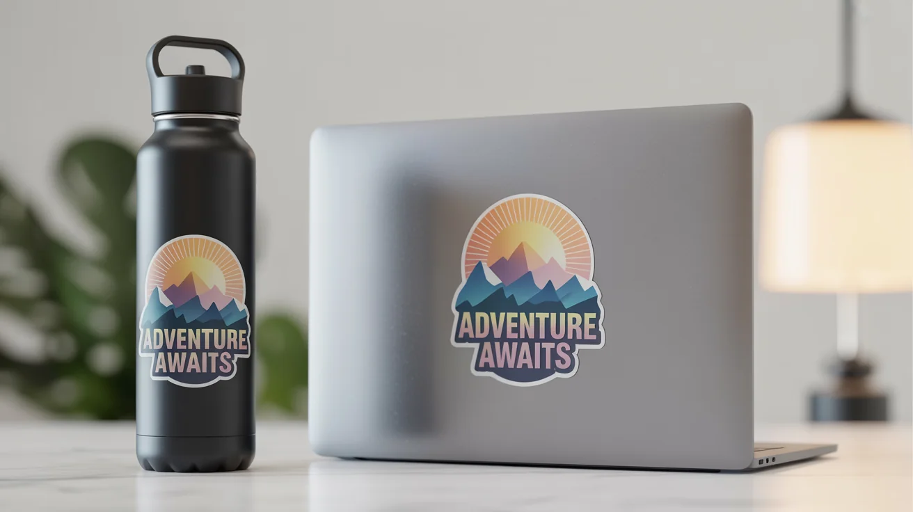 A collection of high-quality die-cut vinyl decals with an adventure theme, shown applied to a laptop and a water bottle in a clean, professional setting.