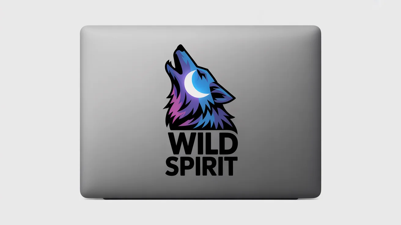 A photorealistic mockup of a geometric wolf decal with the text 'WILD SPIRIT' applied to the back of a silver laptop against a white background.