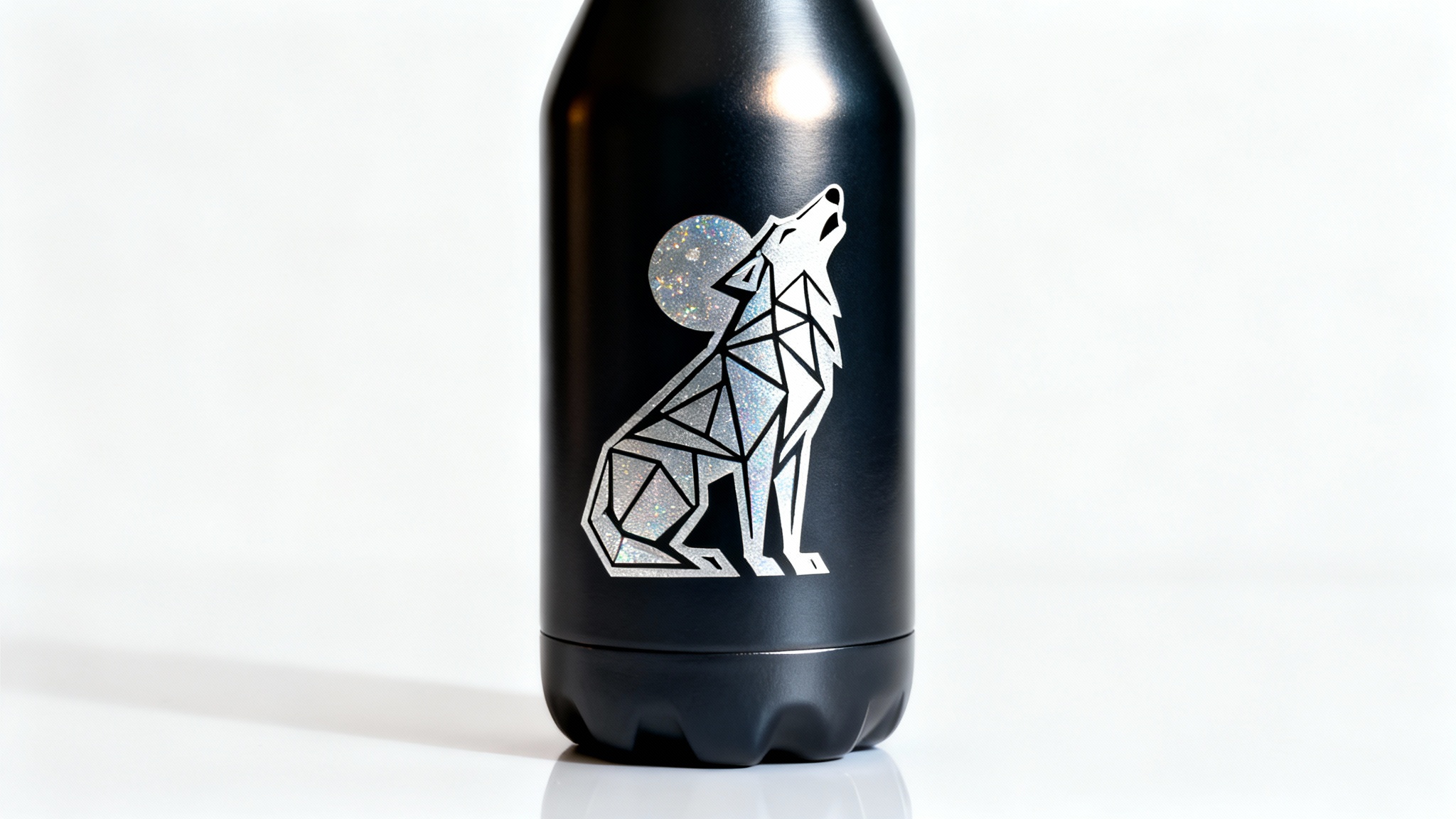 A minimalist product mockup showing a silver geometric wolf decal on a matte black water bottle, shot against a solid white background.