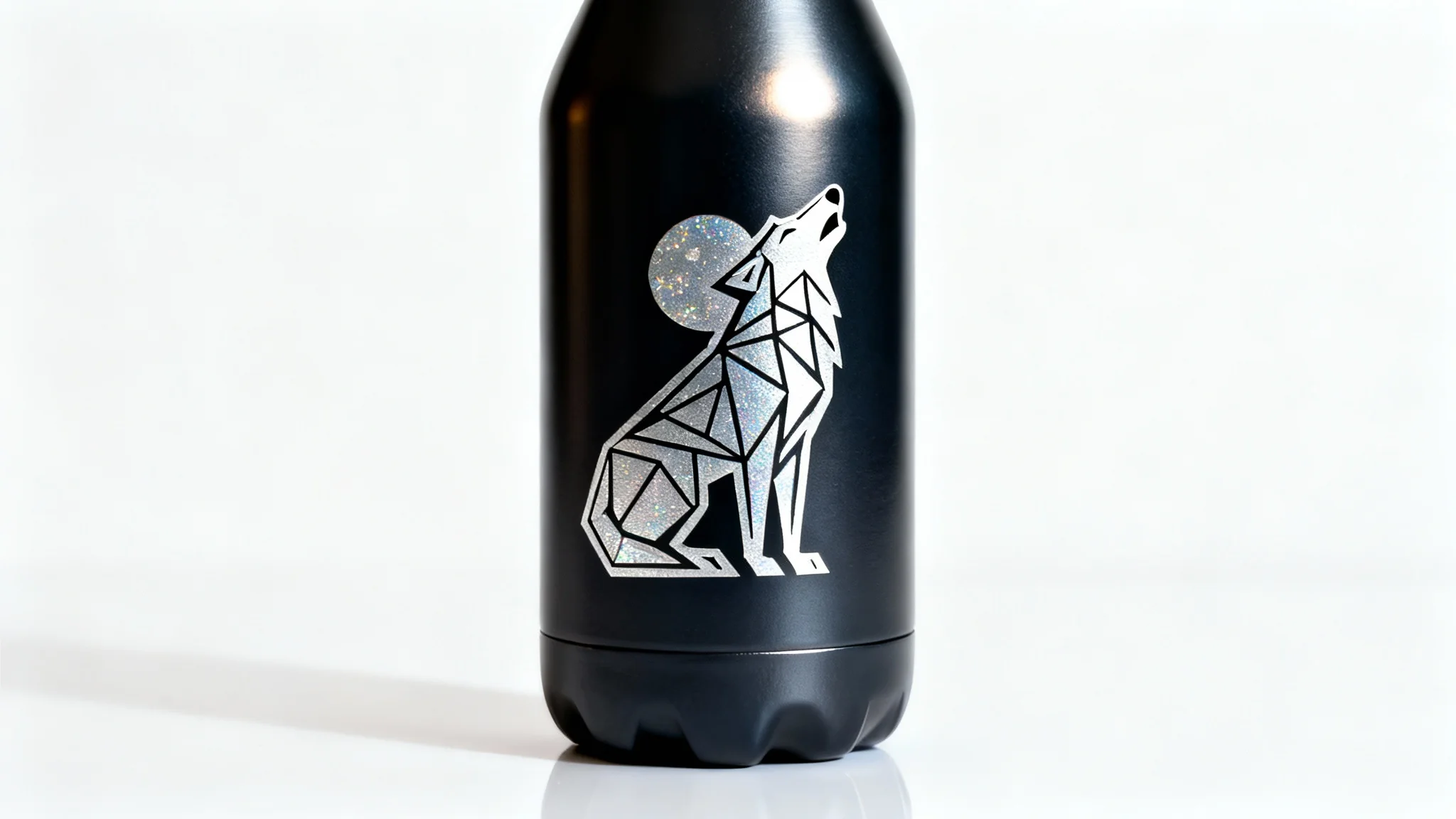 A minimalist product mockup showing a silver geometric wolf decal on a matte black water bottle, shot against a solid white background.