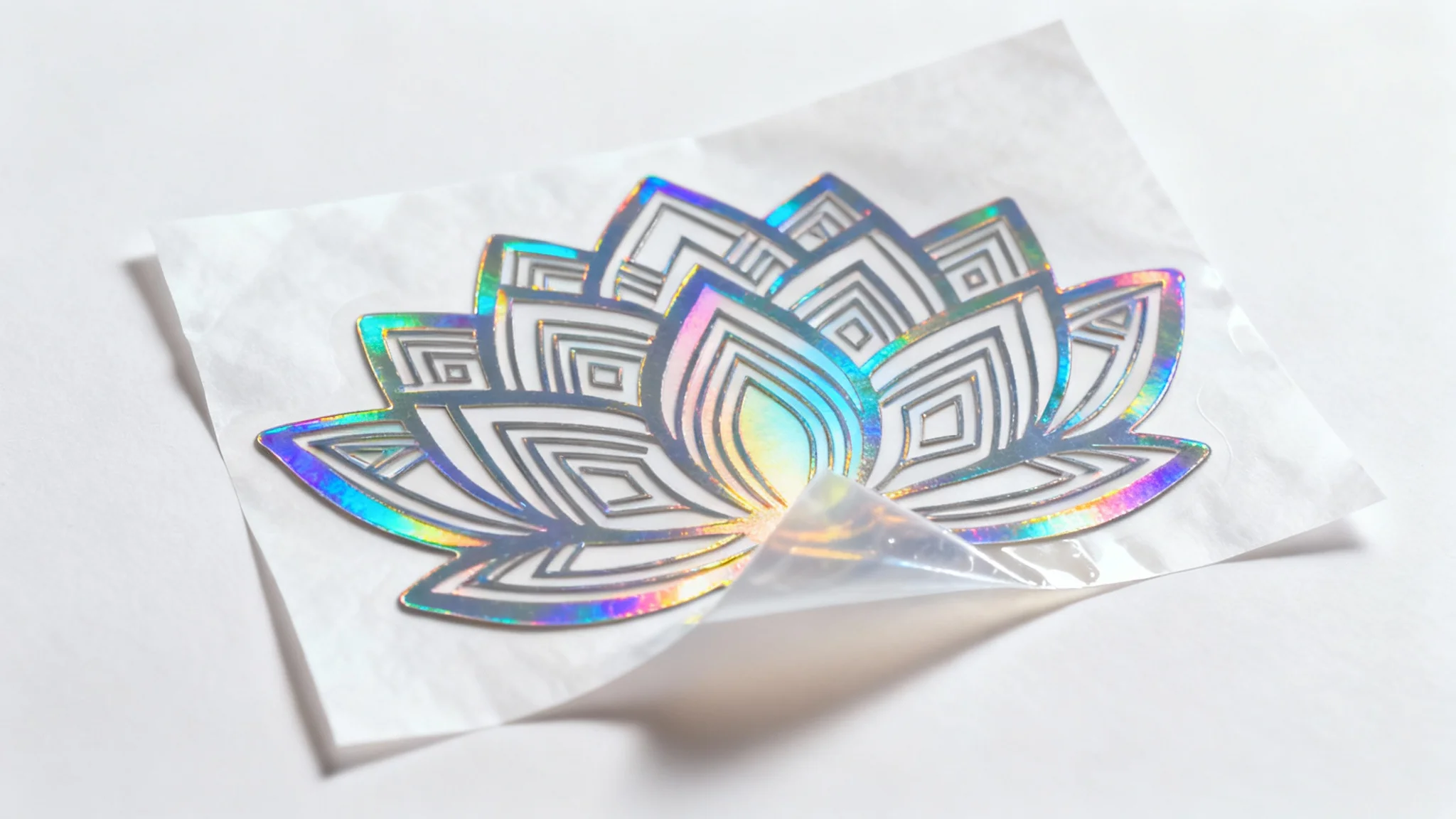 A close-up studio shot of a holographic vinyl decal of a geometric lotus flower, shown on its backing paper against a clean white background.