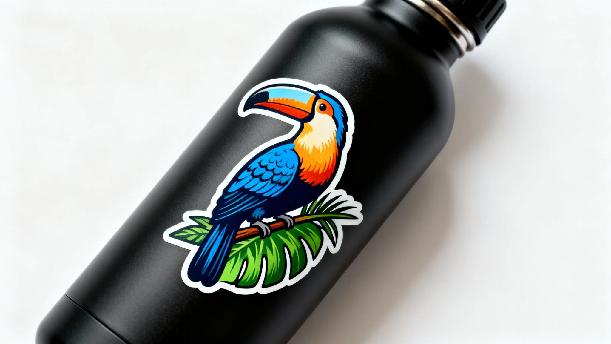 A vibrant decal of a colorful toucan applied to a matte black water bottle, showcased in a professional product mockup with a clean white background.