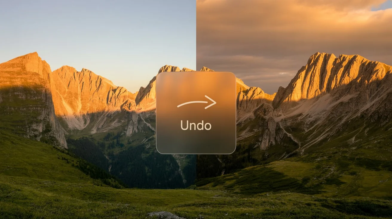 A side-by-side comparison image demonstrating an 'undo' photo edit feature. The left shows a beautiful, natural landscape photo. The right shows the same photo with heavy, unflattering edits. A large 'Undo' button is centered on the dividing line.