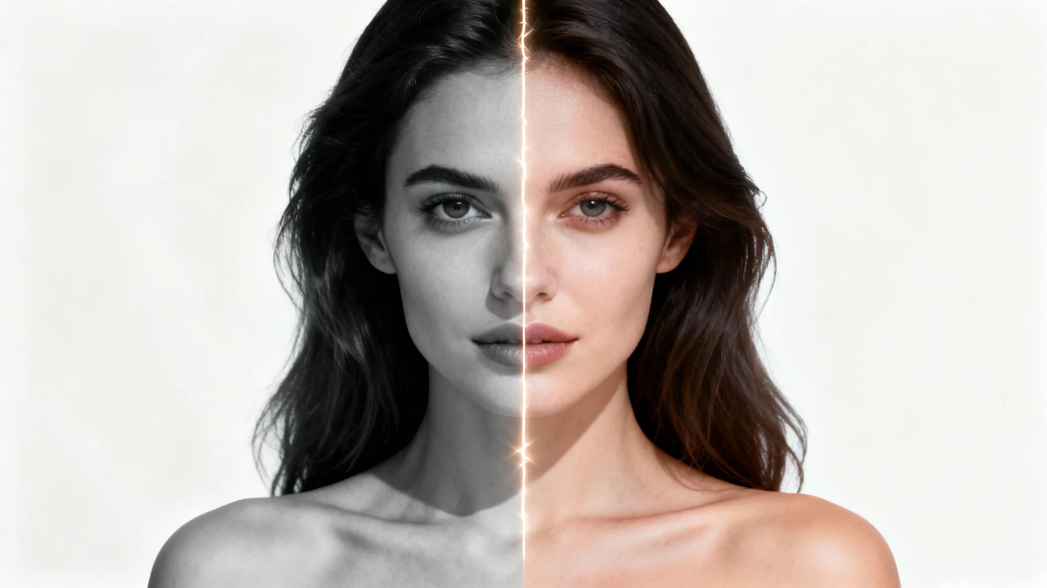 A conceptual image illustrating an 'undo' photo edit. One half of a woman's portrait is in black and white, while the other is in vibrant color, with a glowing line symbolizing the edit being reversed.