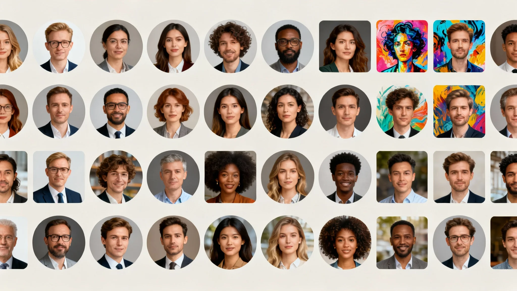 A wide-angle hero image displaying a collage of professionally created profile pictures, showing diverse people in various styles.