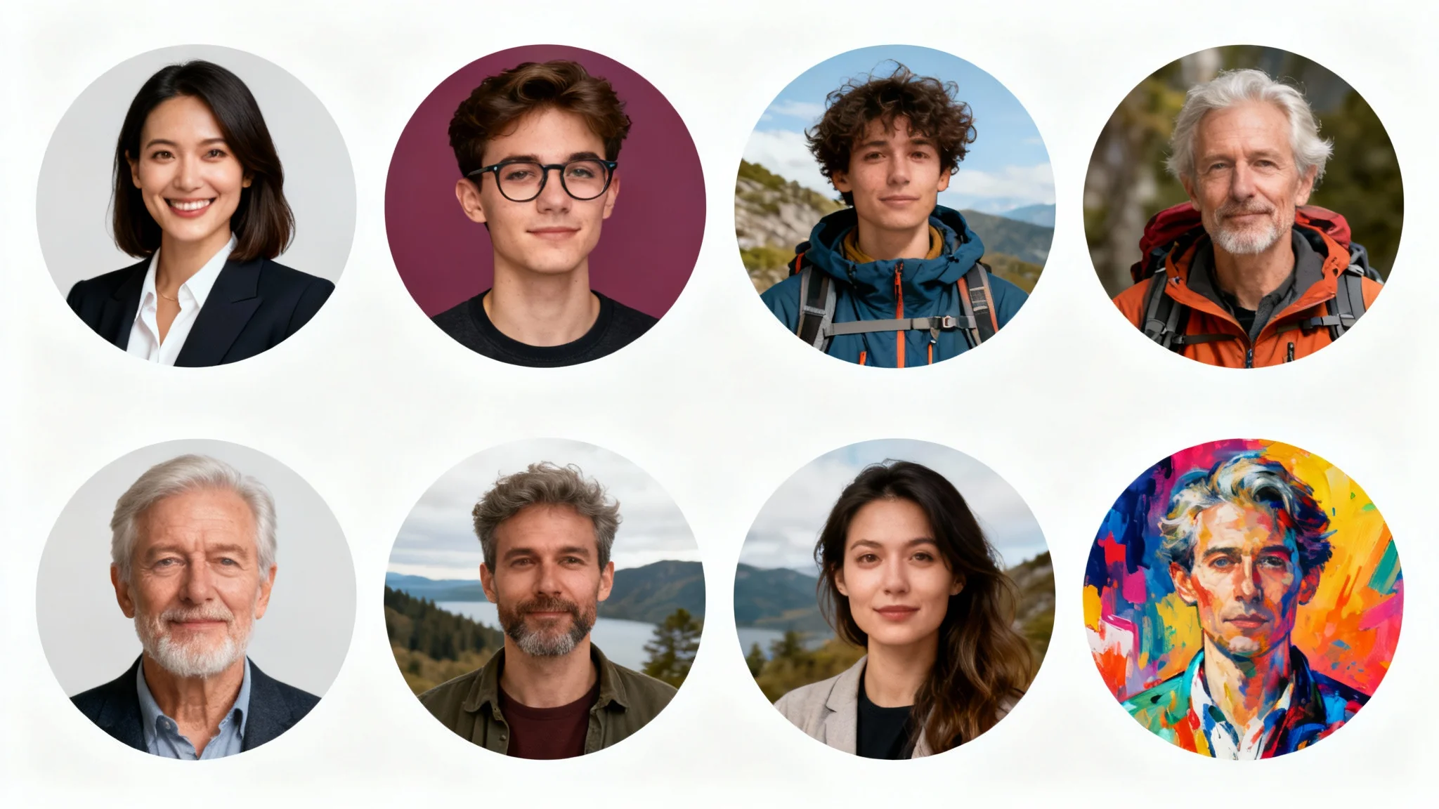 A grid collage displaying a variety of high-quality, circular profile pictures of diverse individuals, showcasing different styles from professional to creative, all against a clean white background.