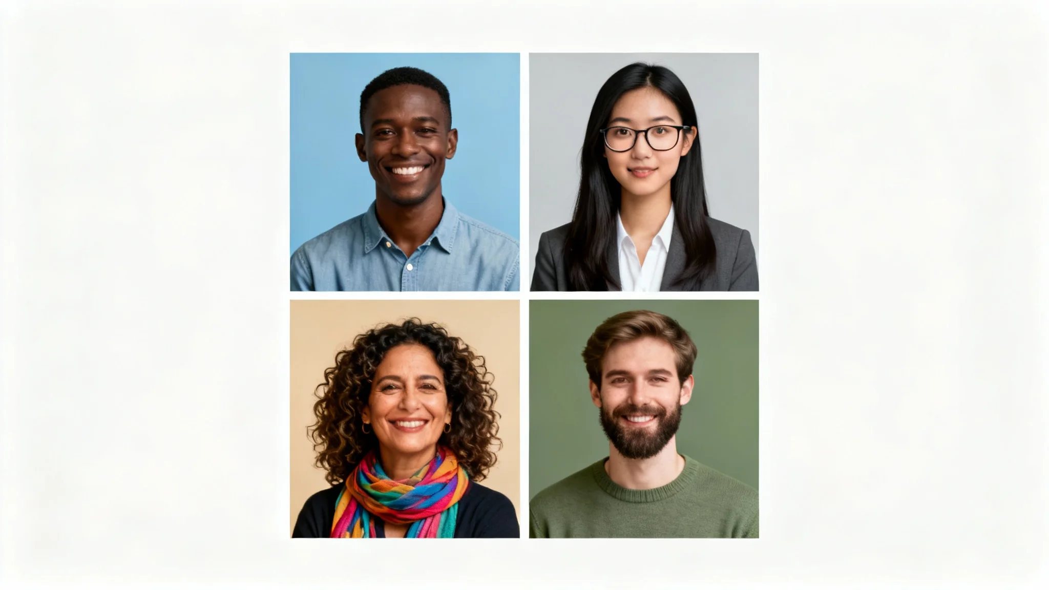 A grid of four diverse profile pictures, featuring two men and two women of different ages and ethnicities, each with a professional and friendly appearance, suitable for use as avatars.